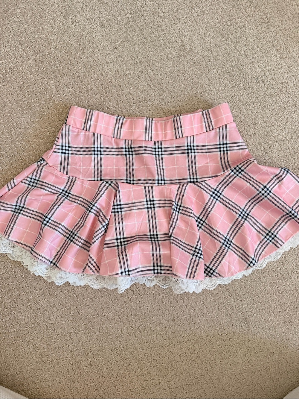 Pink Plaid Ruffle Mini Skirt with Lace Trim